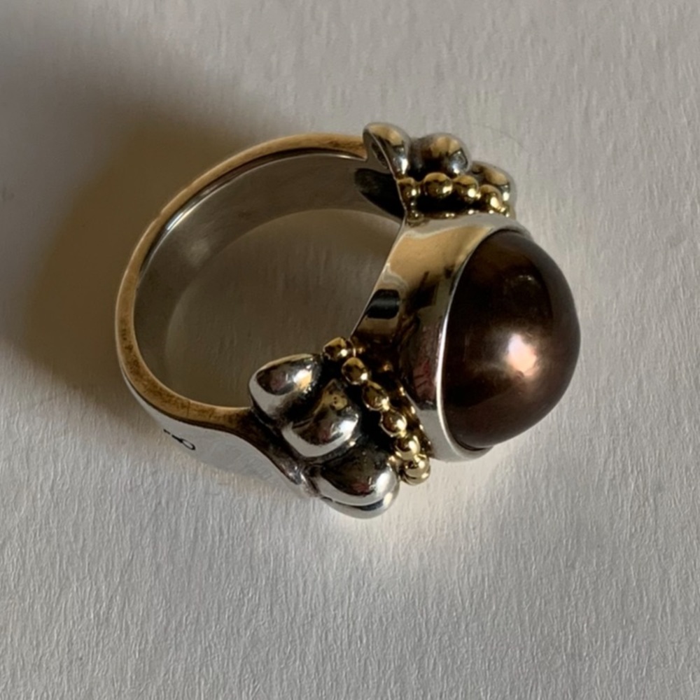 LAGOS SS and 18K gold caviar black mobe ring